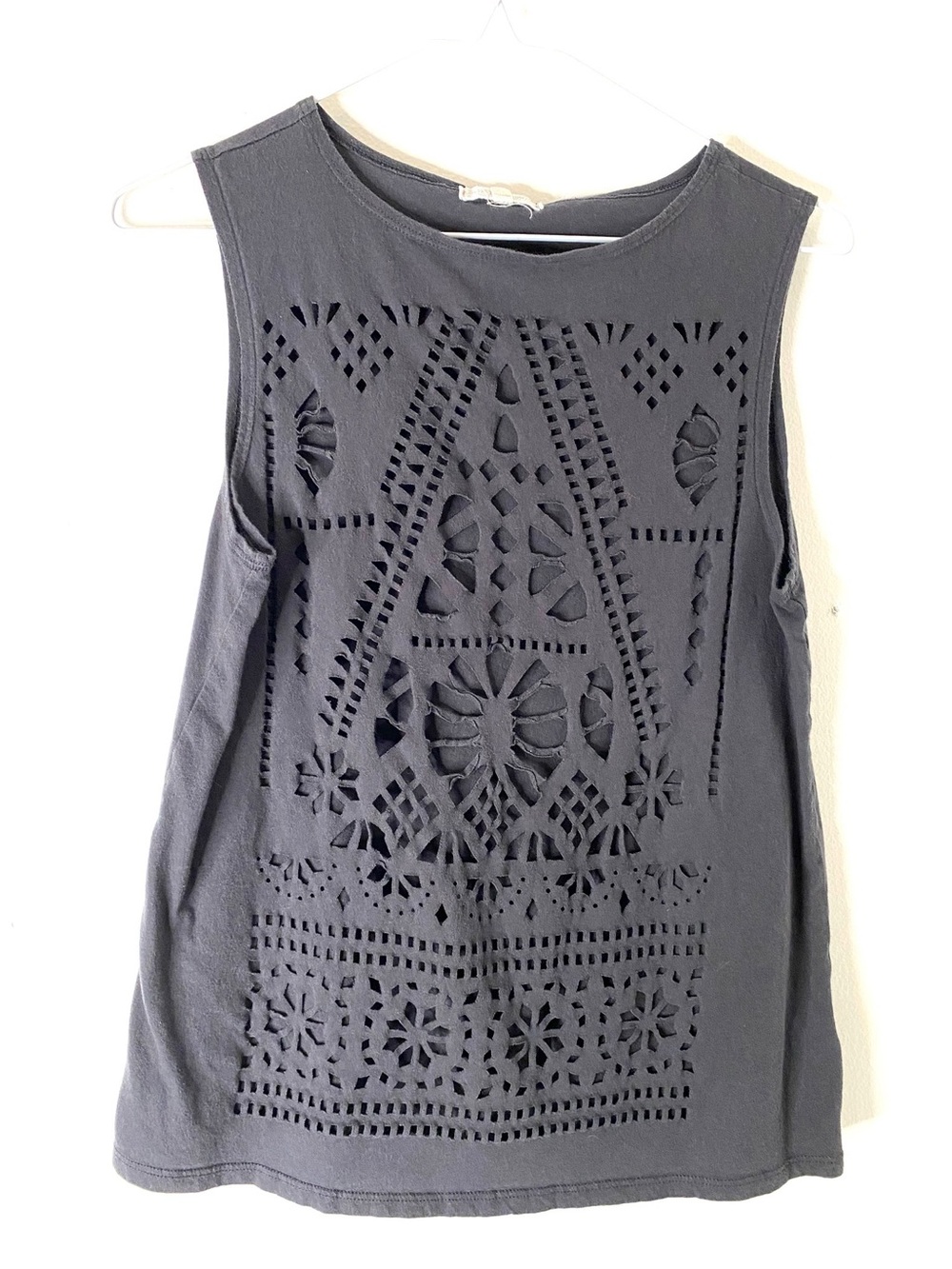 Grey Laser Cut-Out Semi Sheer Tank Top Sleeveless Edgy Festival Style
